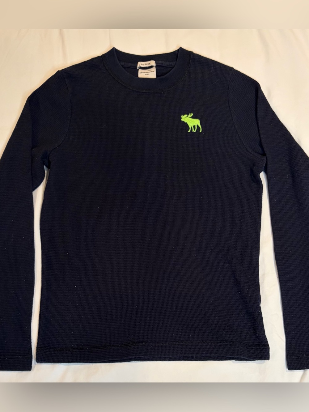 Abercrombie Kids Y2K Navy Thermal Long Sleeve Green Moose Muscle Shirt sz M EUC